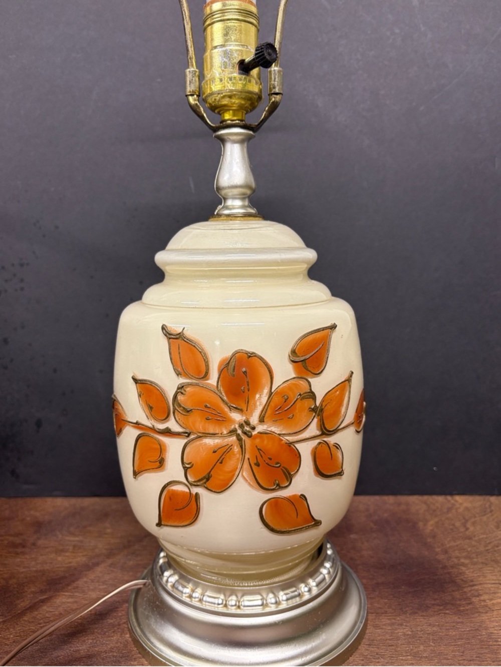 Vintage Painted Off White Glass Table Lamp with Orange Floral Design